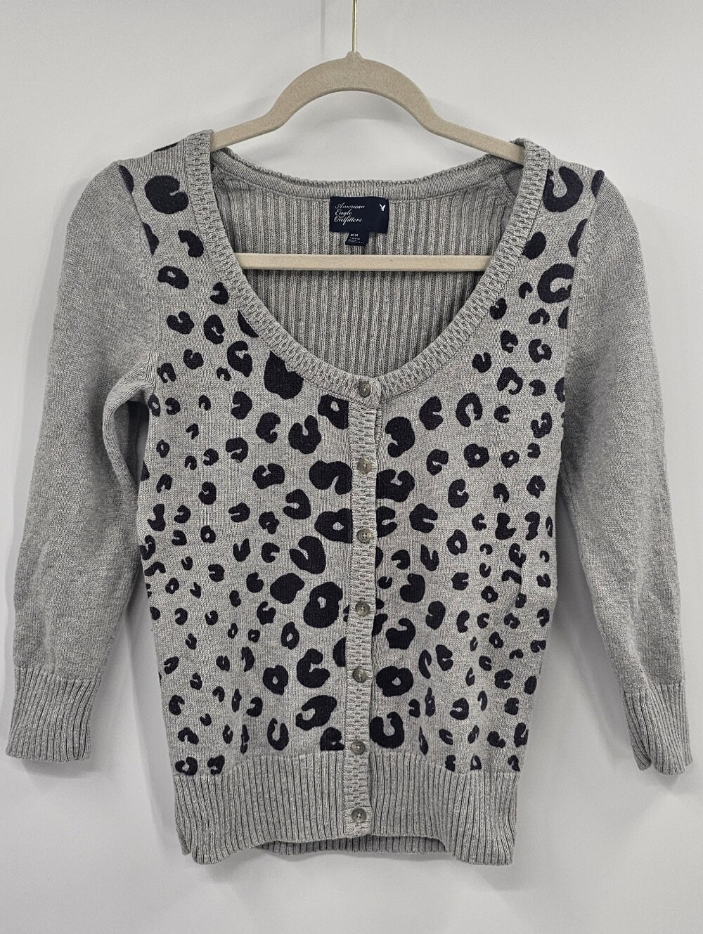 Vintage American Eagle Gray Leopard Print Button-Front Sweater Size Medium